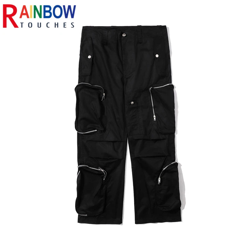 rainbowtouches fashion classic brand mens cargo pants casual zipper pocket design trousers loose straight tooling style overalls military streetwear pants