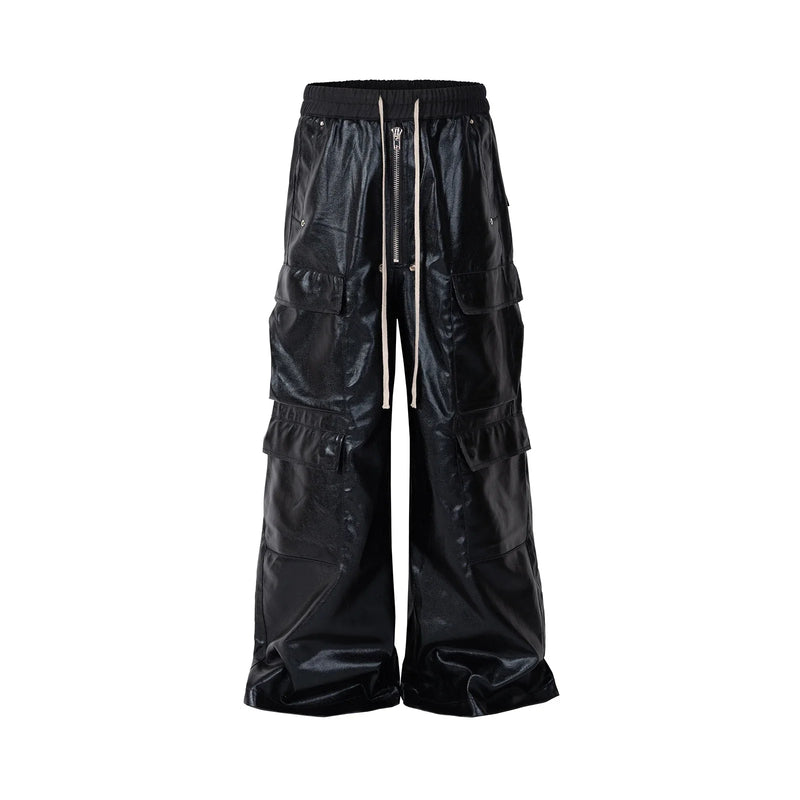 ro style glossy black pu leather pants for men high street y2k pantalones hombre baggy overall wide leg drawstring cargos military streetwear pants