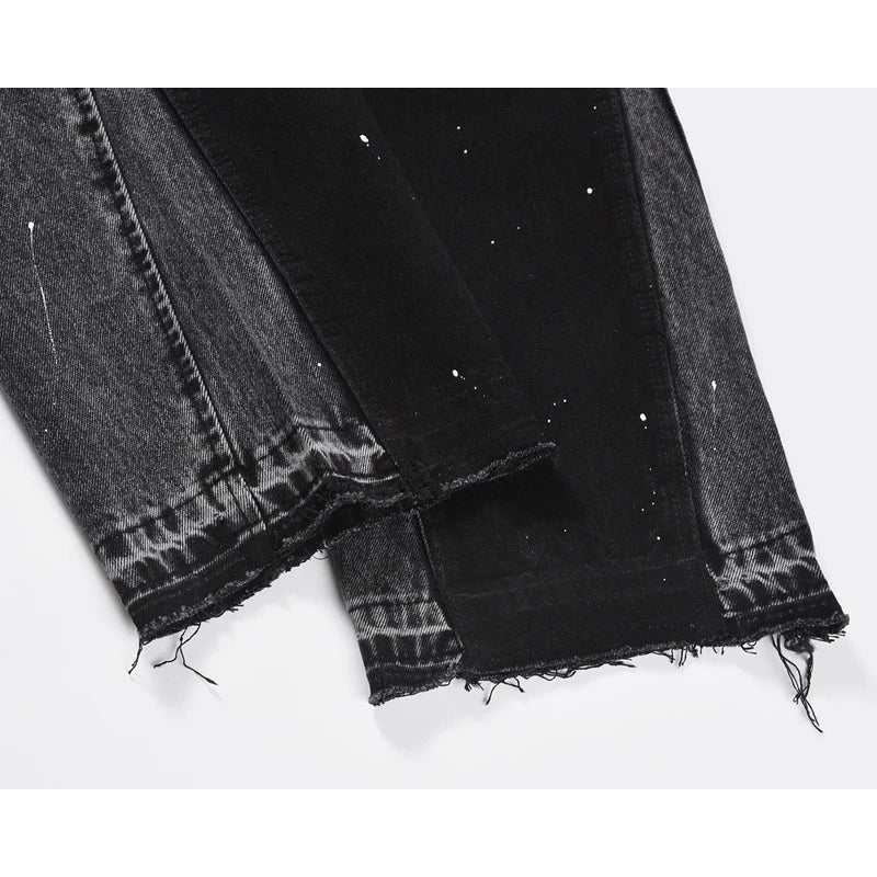 patchwork graffiti black straight denim pants mens vintage patches stitching ink splashed jeans y2k logging cargo pants for male unique cargo style 1478
