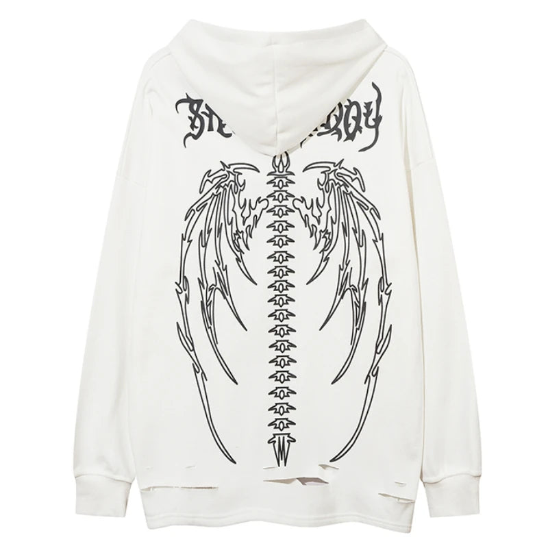 gothic chrome print featuring fashion skull printed hoodies hip hop retro washed bottom ripped sweatshirt streetwear men hooded warm fleece loose tops hoodies