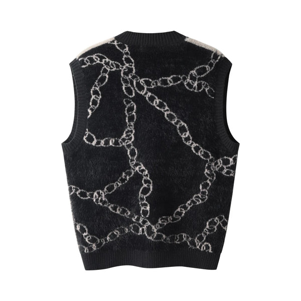 high street harajuku imitation mink hair knitted vest chain color block v neck pullover sweater vest oversized knitwear trendy aesthetic street look hoodie, urban wear with bold artwork, oversized graphic print design