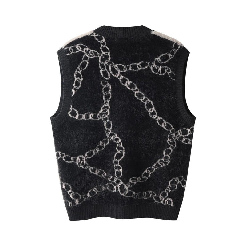 high street harajuku imitation mink hair knitted vest chain color block v neck pullover sweater vest oversized knitwear trendy aesthetic street look hoodie, urban wear with bold artwork, oversized graphic print design