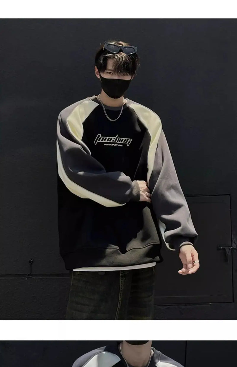 Trendy Personality Korean Motorcycle Style Round Neck Sweatshirt Men 2024 Spring Autumn Niche Contrasting Color Pullover Hot Top