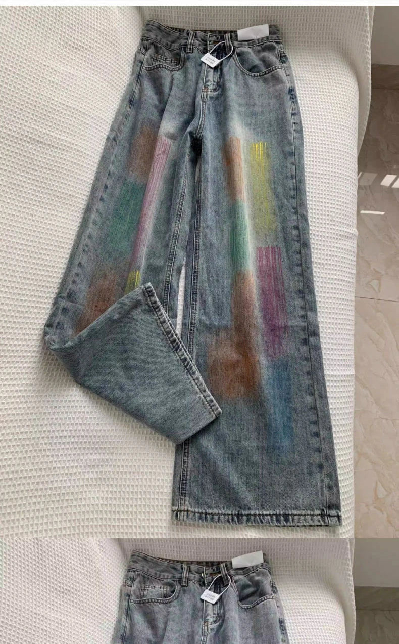 american retro personalized trend color gradient jeans for men and women new washed straight leg micro flared casual pants y2k unique jeans style 649