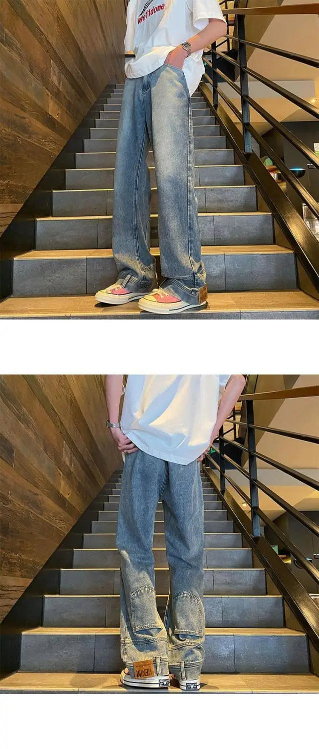 autumn vintage high street straight washed denim jeans for men and women trendy hip hop personality inverted loose casual pants unique jeans style 638