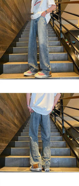 autumn vintage high street straight washed denim jeans for men and women trendy hip hop personality inverted loose casual pants unique jeans style 638