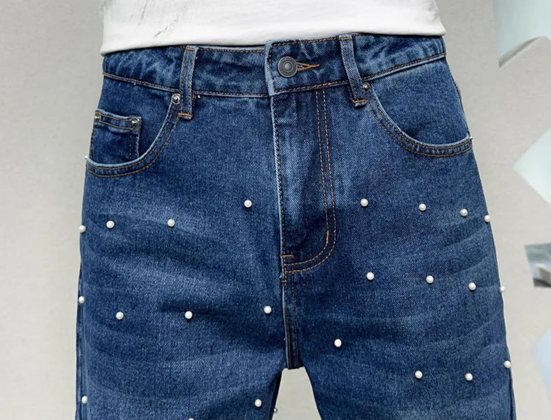 men bead streetwear fashion hip hop vibe loose casual wide leg straight denim jeans baggy pant man boyfriend jeans trousers unique jeans style 2988