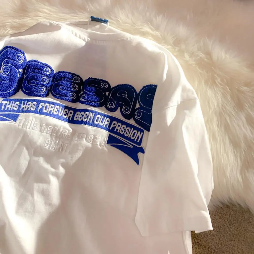 Harajuku Oversized Shirt – Retro Klein Blue Flocking Embroidery T Shirts Fashion Preppy – Modern Streetwear for Everyone