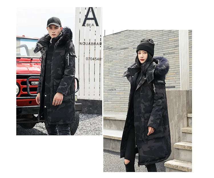 Korean Style Winter Long Parka Coat Men Woman Down Jacket Clothing Hooded Fur Collar Thicken Warm Leisure Lovers Overcoat