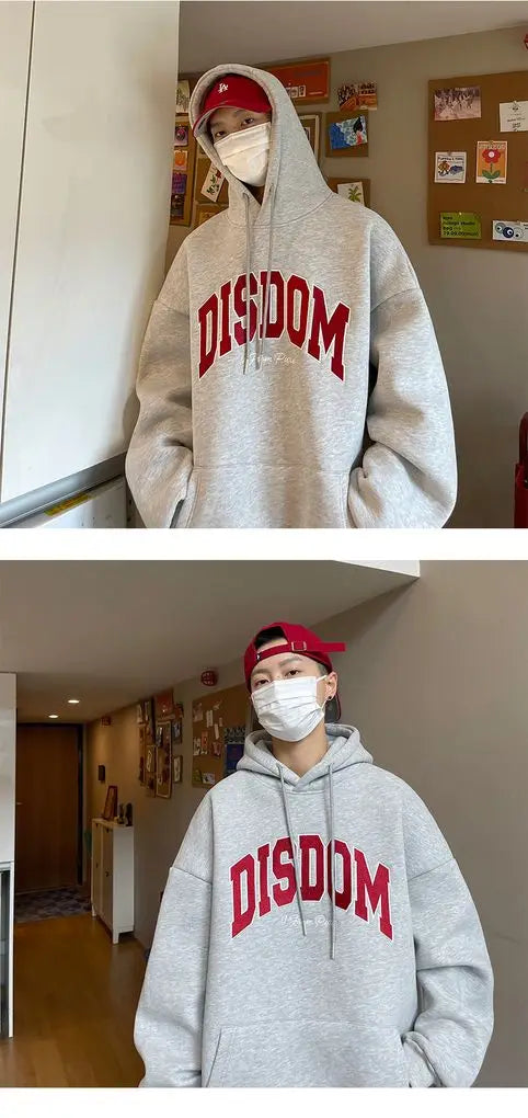 Gray Korean Style Hooded Sweatshirt Men Autumn Winter New American Trendy Brand Letter Printed Pullover Thickened Y2K Loose Top