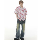 summer harajuku set mens flower print casual short sleeved top gradient straight leg jeans 2 pcs set high street trendy suit unique jeans style 4776