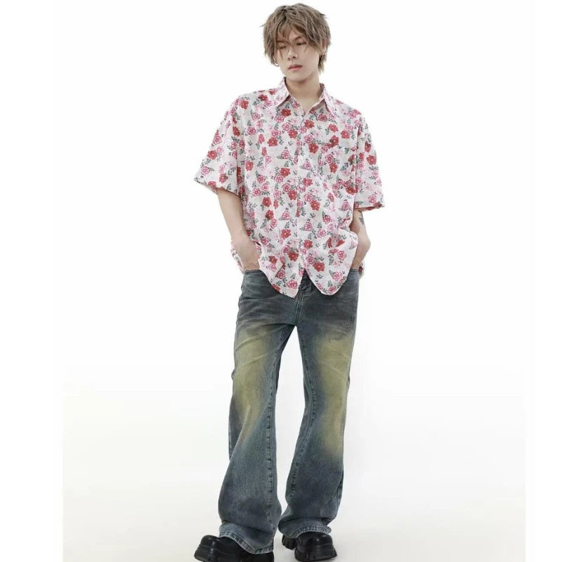summer harajuku set mens flower print casual short sleeved top gradient straight leg jeans 2 pcs set high street trendy suit unique jeans style 4776