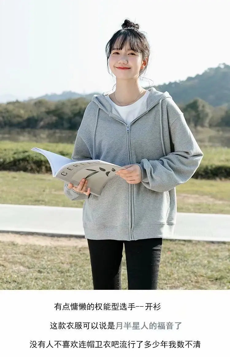 Grey Sweatshirt Hooded Casual Cotton Cardigan Sweatshirts Gray Women C