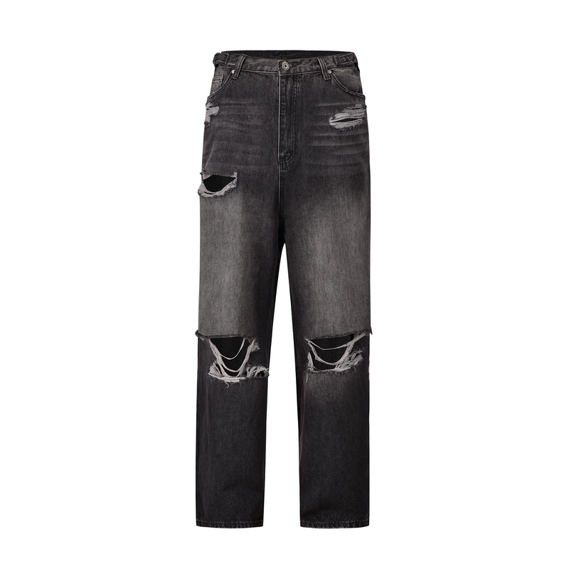 baggy damaged heavy industry washed jeans pants vibe loose casual silhouette straight worn pants knee ripped denim trousers denim street jeans