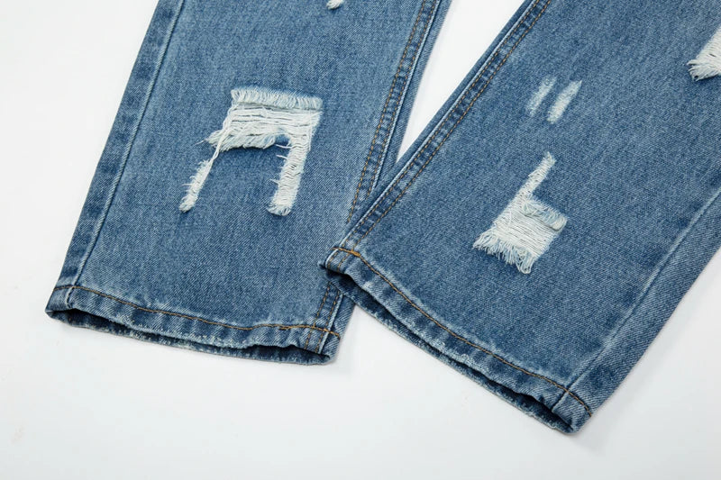 Harajuku Frayed Hole Straight Washed Retro Baggy Men's Jeans High Street Ripped Hip Hop Casual Oversized Denim Trousers