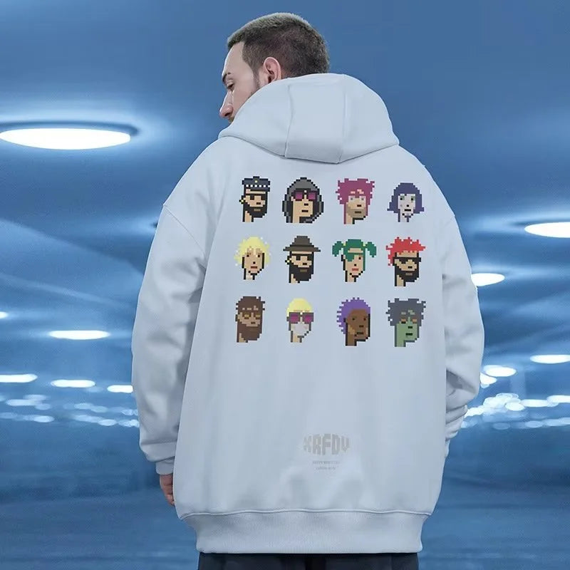 Funny Pixel Figure Graphic Hoodies For Men Autumn Y2K Streetwear Pullover
