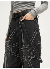 punk belt denim jeans pants women harajuku streetwear side pocket cotton men unisex casual baggy joggers straight pants trousers unique joggers style 4372