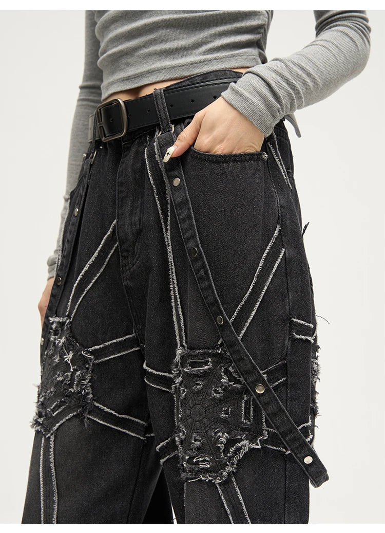 punk belt denim jeans pants women harajuku streetwear side pocket cotton men unisex casual baggy joggers straight pants trousers unique joggers style 4372
