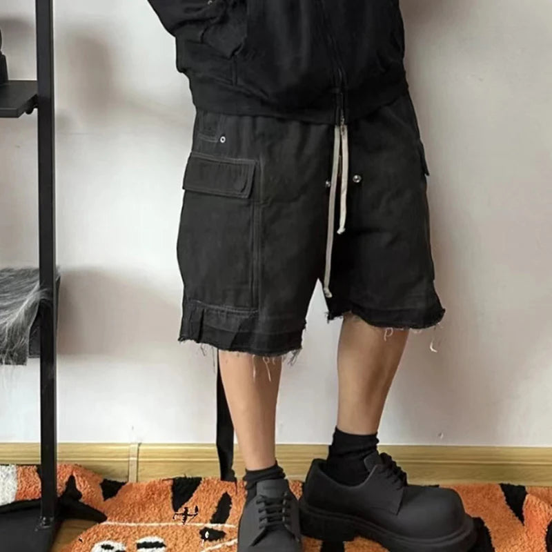 ro style ribbons streetwear multi pockets cargo short for men elastic waist wide leg baggy jeans knee length pants loose overall unique cargo style 4480