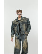 2 pieces sets mens fashion dirty graffiti wide shouder denim jeans jacket coat and wide legs pants joggers new streetwear sets unique joggers style 4579