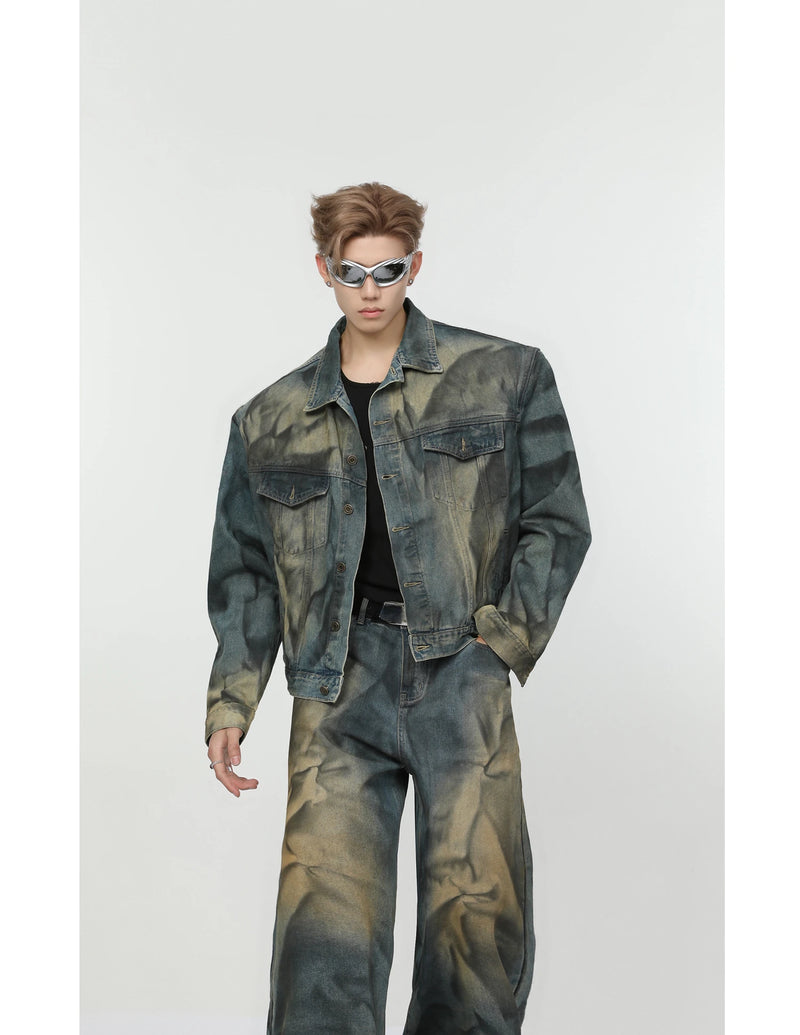 2 pieces sets mens fashion dirty graffiti wide shouder denim jeans jacket coat and wide legs pants joggers new streetwear sets unique joggers style 4579