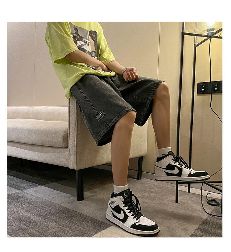 Korean Style Summer Men's Black Wide Leg Denim Shorts 2023 New Fashion Casual Baggy Short Jeans Male Brand Clothes