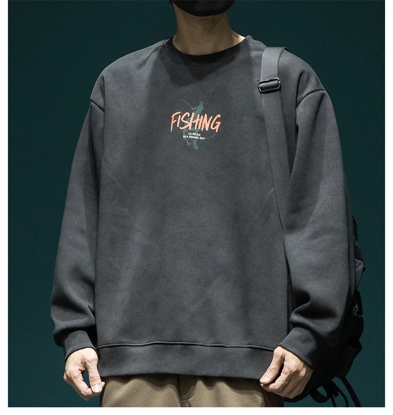Autumn Funny Fishing Graphic Print Sweatshirts For Men High Street Let