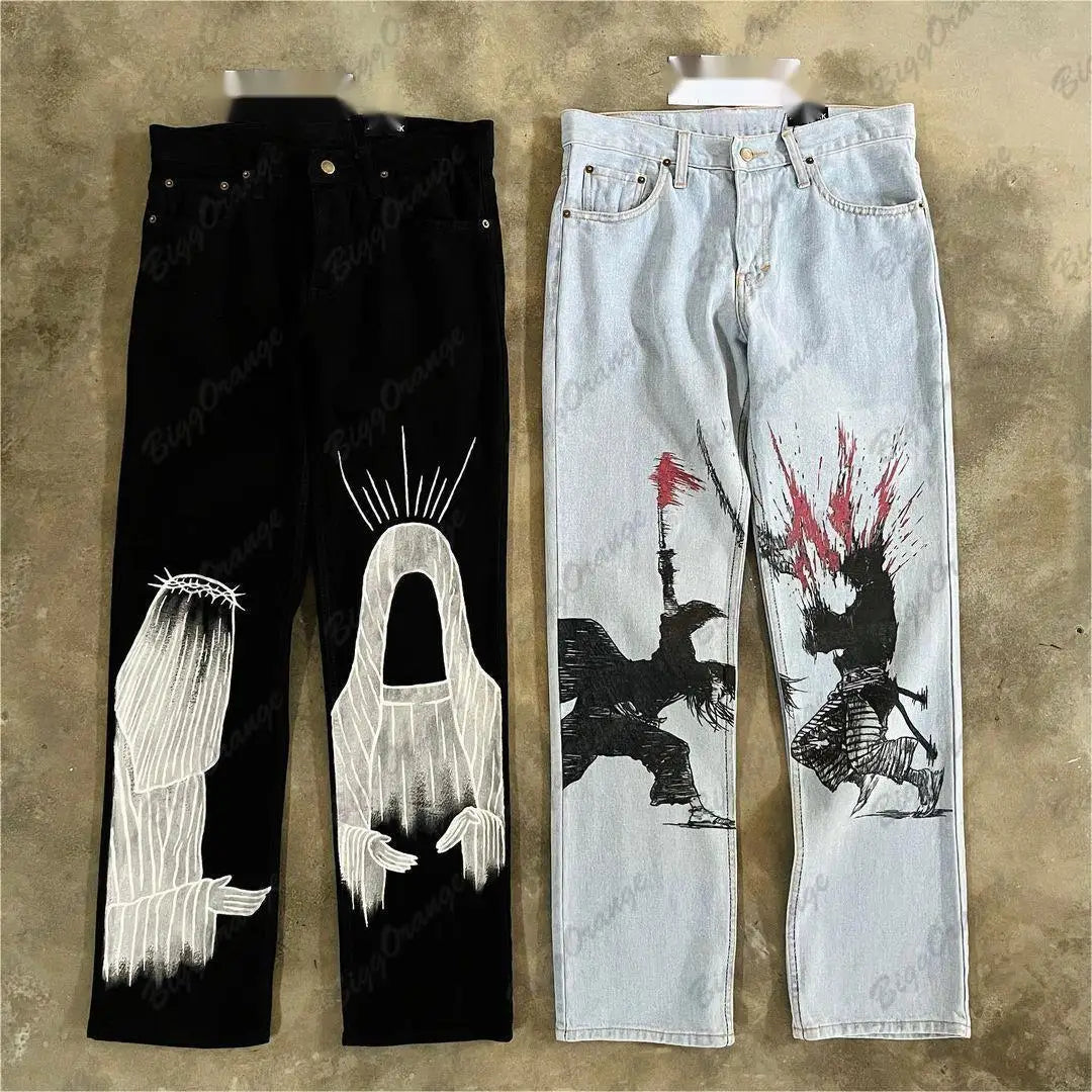 y2k medieval samurai print jeans vintage high street hip hop loose wide leg mens and womens trousers baggy jeans women urban skinny jeans