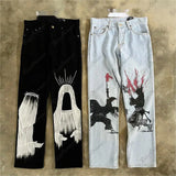 y2k medieval samurai print jeans vintage high street hip hop loose wide leg mens and womens trousers baggy jeans women urban skinny jeans