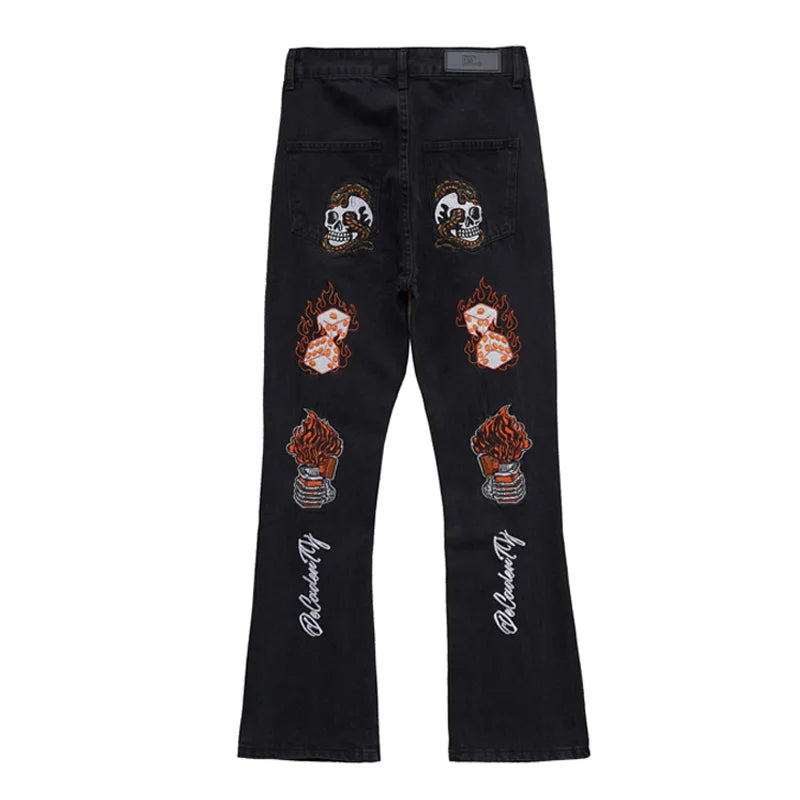 fashion back skull letters embroidery denim flare jeans mens zipper straight trouser hip hop streetwear pants joggers jeans men urban active pants