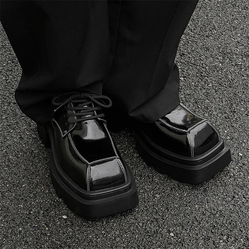 Men Streetwear Dark Black Fashion Thick Sole Platform PU Leather Casual Luxury High Street Increase Square Derby Shoes Man