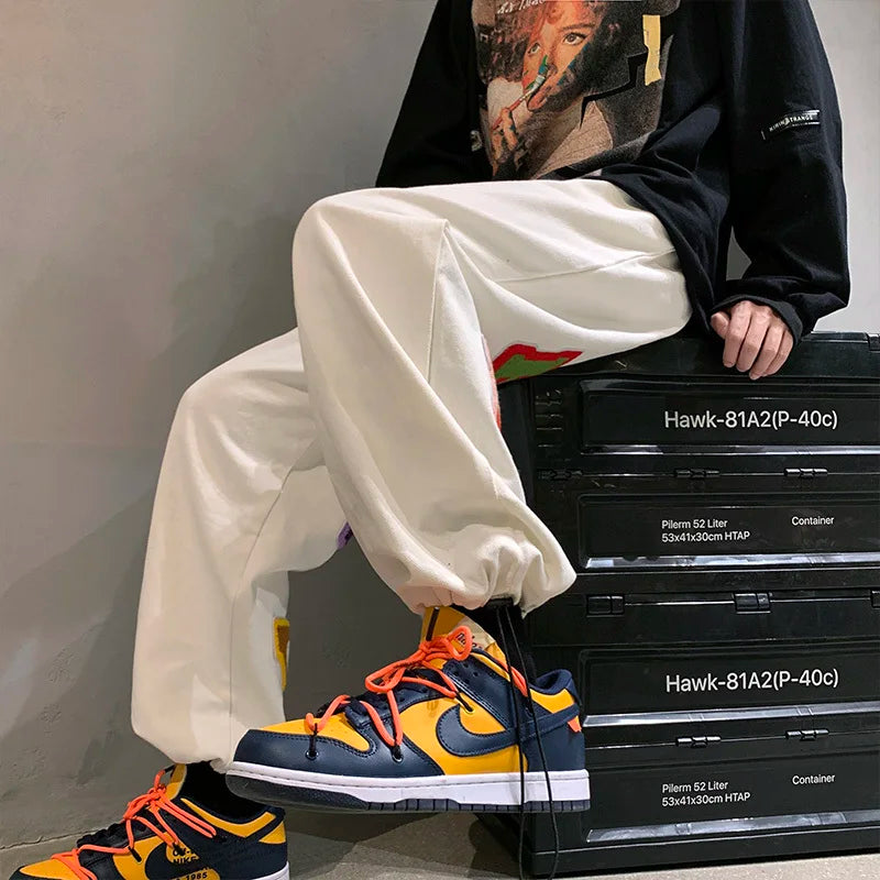 preppy style letter embroidery straight men baggy tracksuit pants y2k clothes sweatpants male drawstring casual long trousers unique joggers style 1085