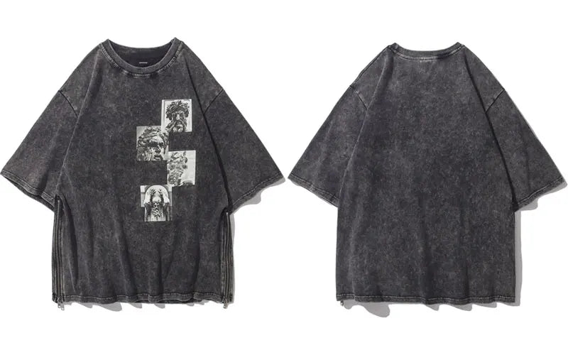 Sadcore T-Shirt – Vintage T Shirt Streetwear Men Statues Print Distressed Zipp – Modern Streetwear for Everyone