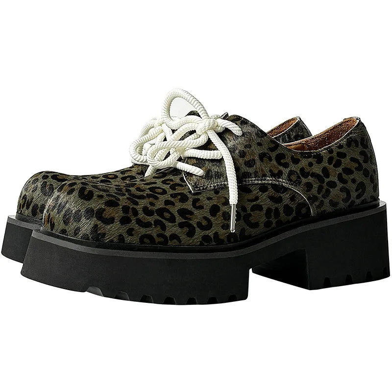 Men Leopard Genuine Leather Streetwear Fashion Casual Retro Derby Shoes Cityboy Cow Leather Height Increasing Shoes Loafers Man