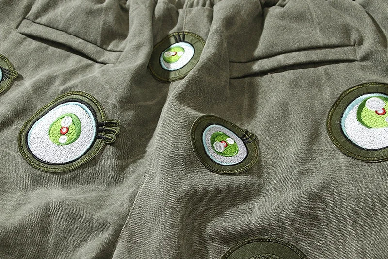 Japanese Eyes Embroidery Washed Military Green Worn Canvas Shorts for Men Summer Pockets Baggy Cargo Short Oversized