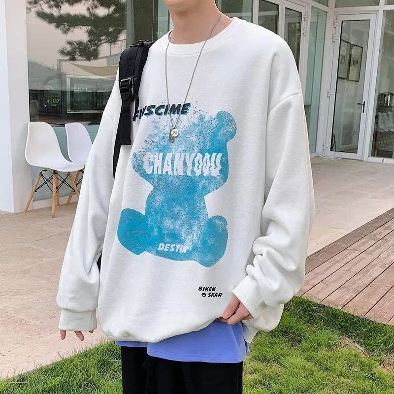 Graphic Blue Bear Kawaii Print Pullovers Hoodies For Men Autumn Fleece