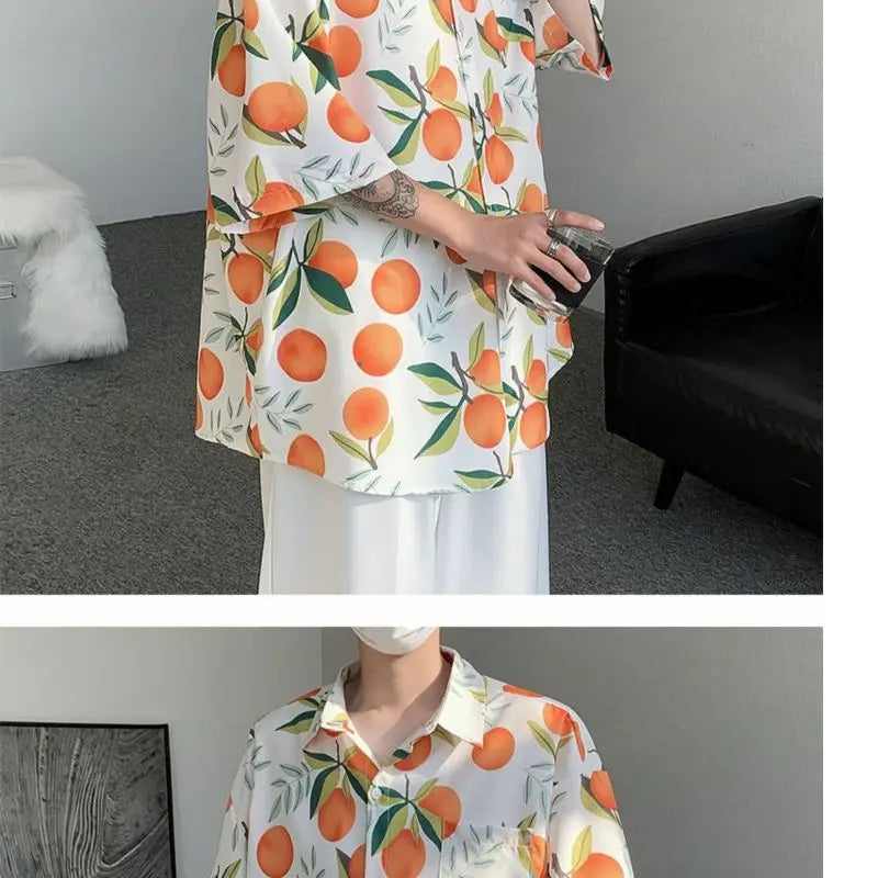 Gothic Streetwear – Orange Cute Fruit Peaches Full Print Shirts Loose Half Sleev – Modern Streetwear for Everyone