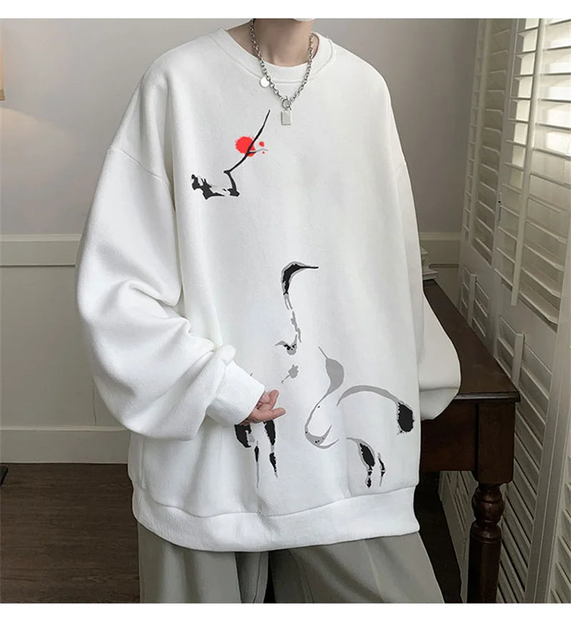 Ink Painting Cartoon Crane Printed Pullover Hoodies For Men 2024 New H