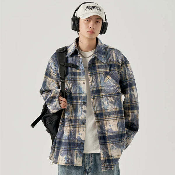 Korean Streetwear Shirt – Autumn Mens Ink Tie Dye Plaid Long Sleeve Shirt Korean Fashion Vintage Button T Shirts Y2K Streetwear Social Shirt Jackets | Street Shirt Drop #42