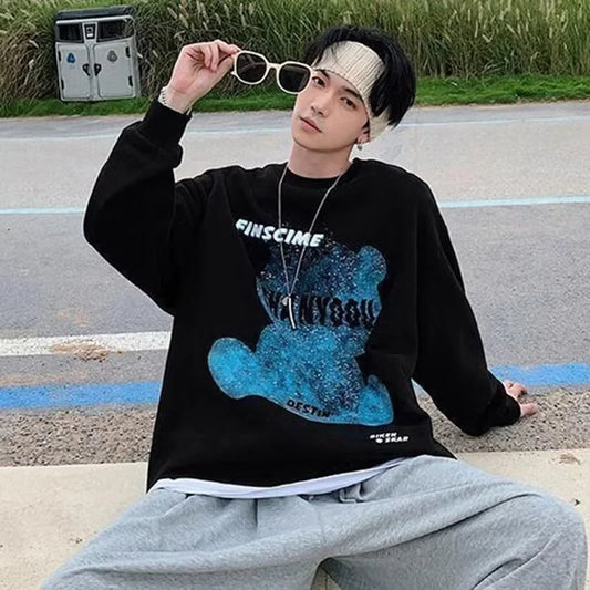 Graphic Blue Bear Kawaii Print Pullovers Hoodies For Men Autumn Fleece