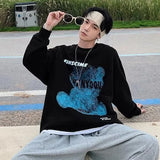 Graphic Blue Bear Kawaii Print Pullovers Hoodies For Men Autumn Fleece