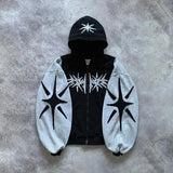 Vaporwave Drop – Y2K Patch Design Loose Zip Hoodies For Men Geometric Pattern – Streetwear Fashion for Men & Women