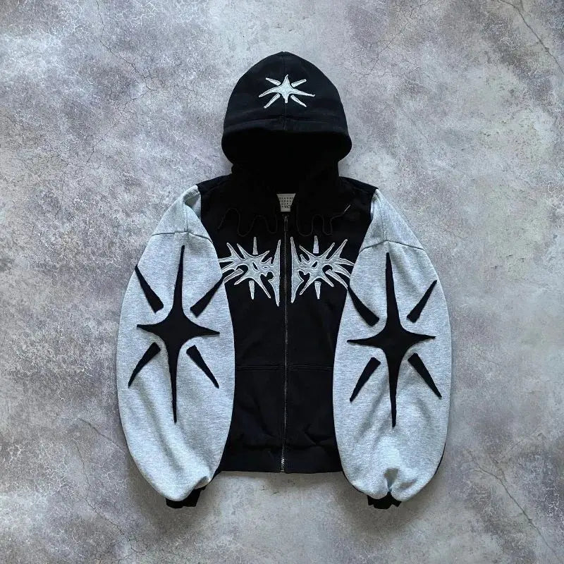 Vaporwave Drop – Y2K Patch Design Loose Zip Hoodies For Men Geometric Pattern – Streetwear Fashion for Men & Women