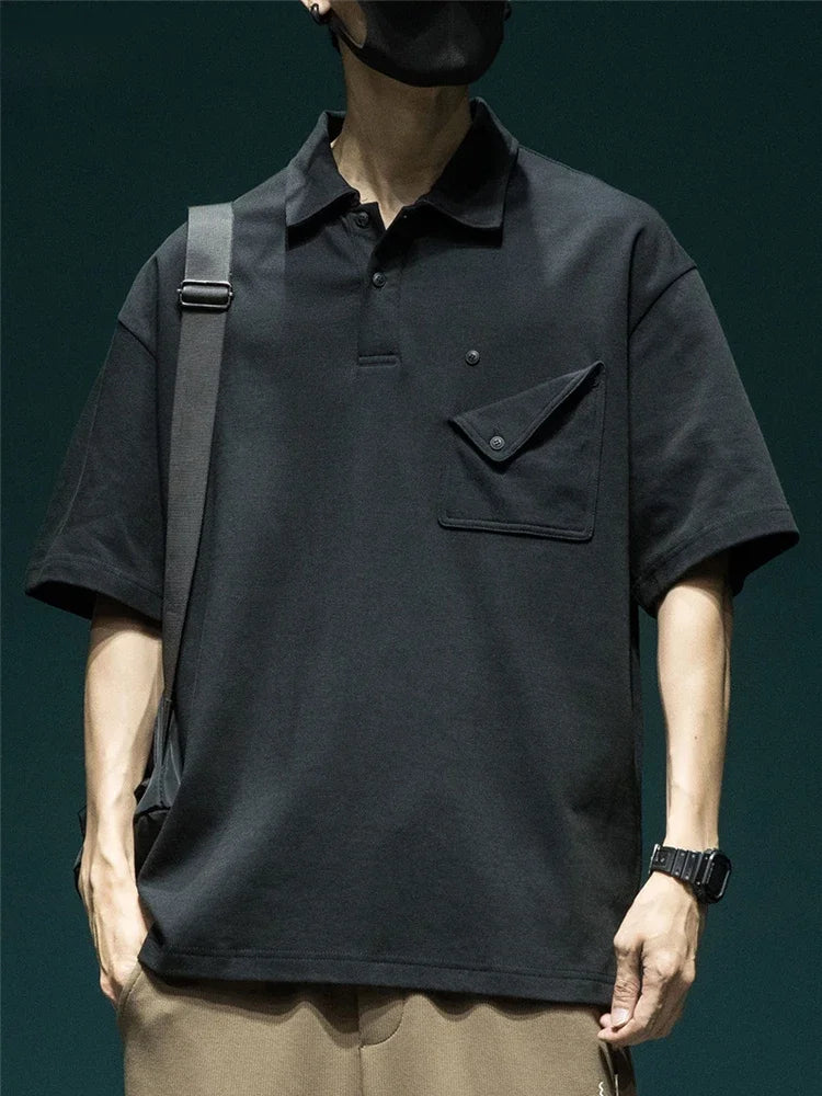 Gothic Angelcore design – Summer New Button Pocket Polo Shirt For Men Casual Short Sle