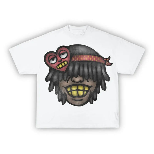 y2k anime streetwear tee with layered cartoon flames and glitch burst