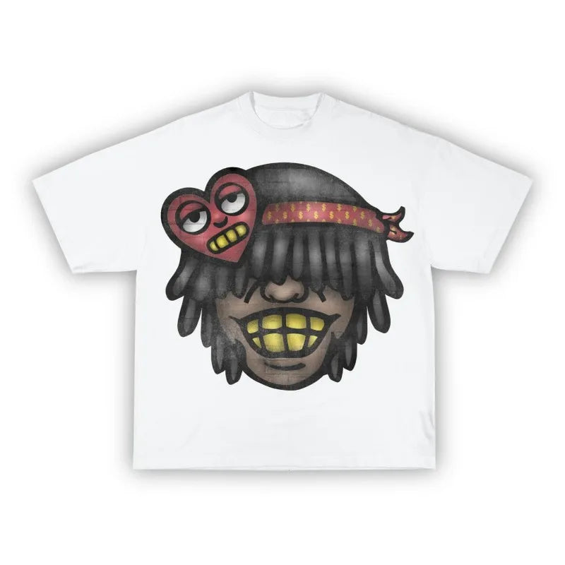 y2k anime streetwear tee with layered cartoon flames and glitch burst