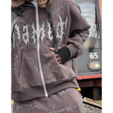 2024 European and American style loose men's zipper sweatshirt trend ins retro printed long-sleeved hooded jacket top