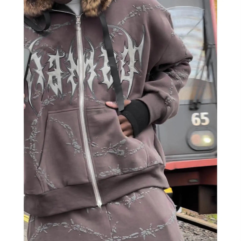 2024 European and American style loose men's zipper sweatshirt trend ins retro printed long-sleeved hooded jacket top