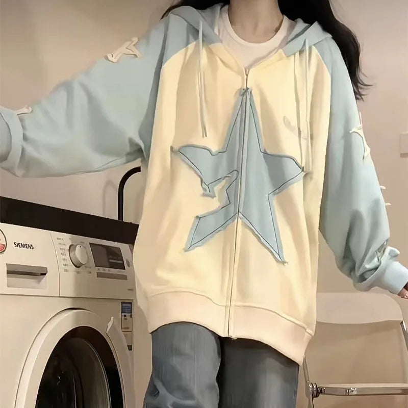 Spring Autumn Streetwear Star Graphic Zip Up Hoodie Women Vintage Y2K