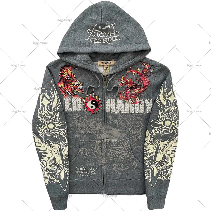 American Fashion Trend Pattern Print Zipper Hoodie Women Y2K New Stree